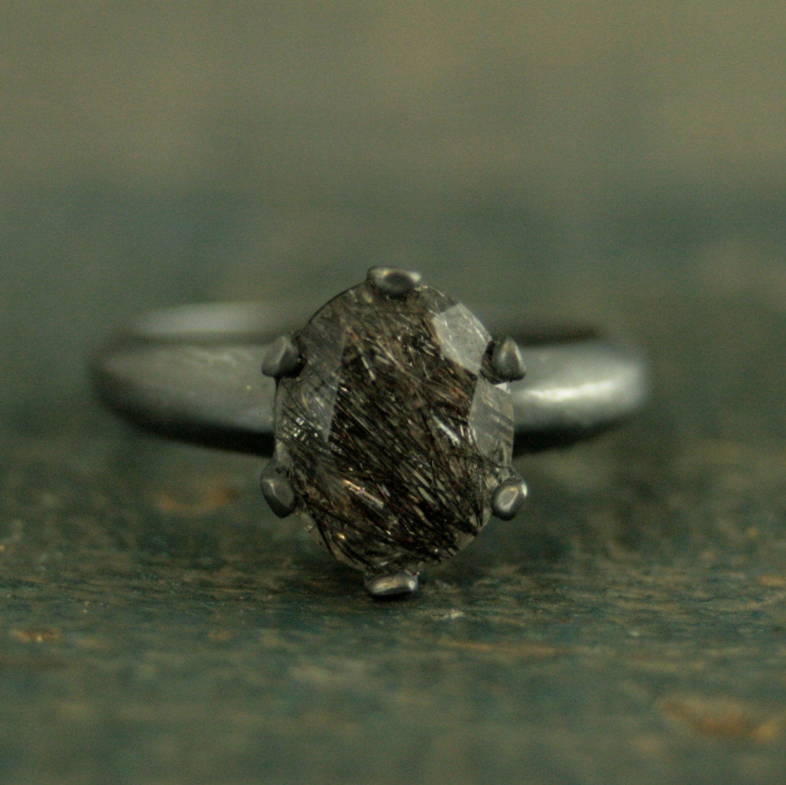 Oval Rutilated Quartz Black Ring Oval Black Tourmalinated Quartz Solitaire Six Prong Setting Crown Prongs Black Oxidized Silver Ring Unique
