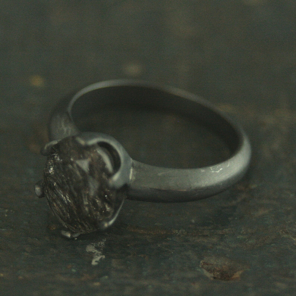 Oval Rutilated Quartz Black Ring Oval Black Tourmalinated Quartz Solitaire Six Prong Setting Crown Prongs Black Oxidized Silver Ring Unique