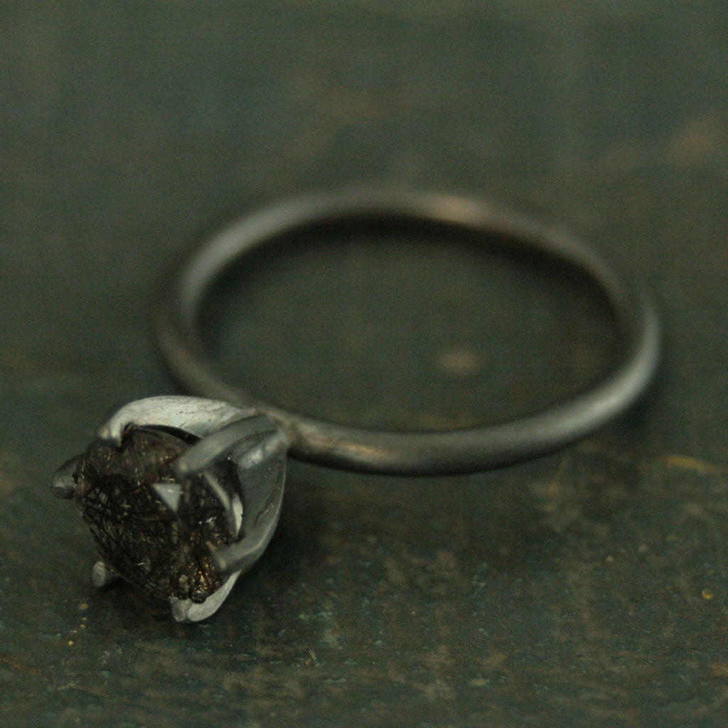HUGE Rutilated Quartz Ring Handmade Solitaire Black Silver Ring 8mm Black Tourmalinated Quartz Ring 6 Prong Setting on 2mm Full Round Band