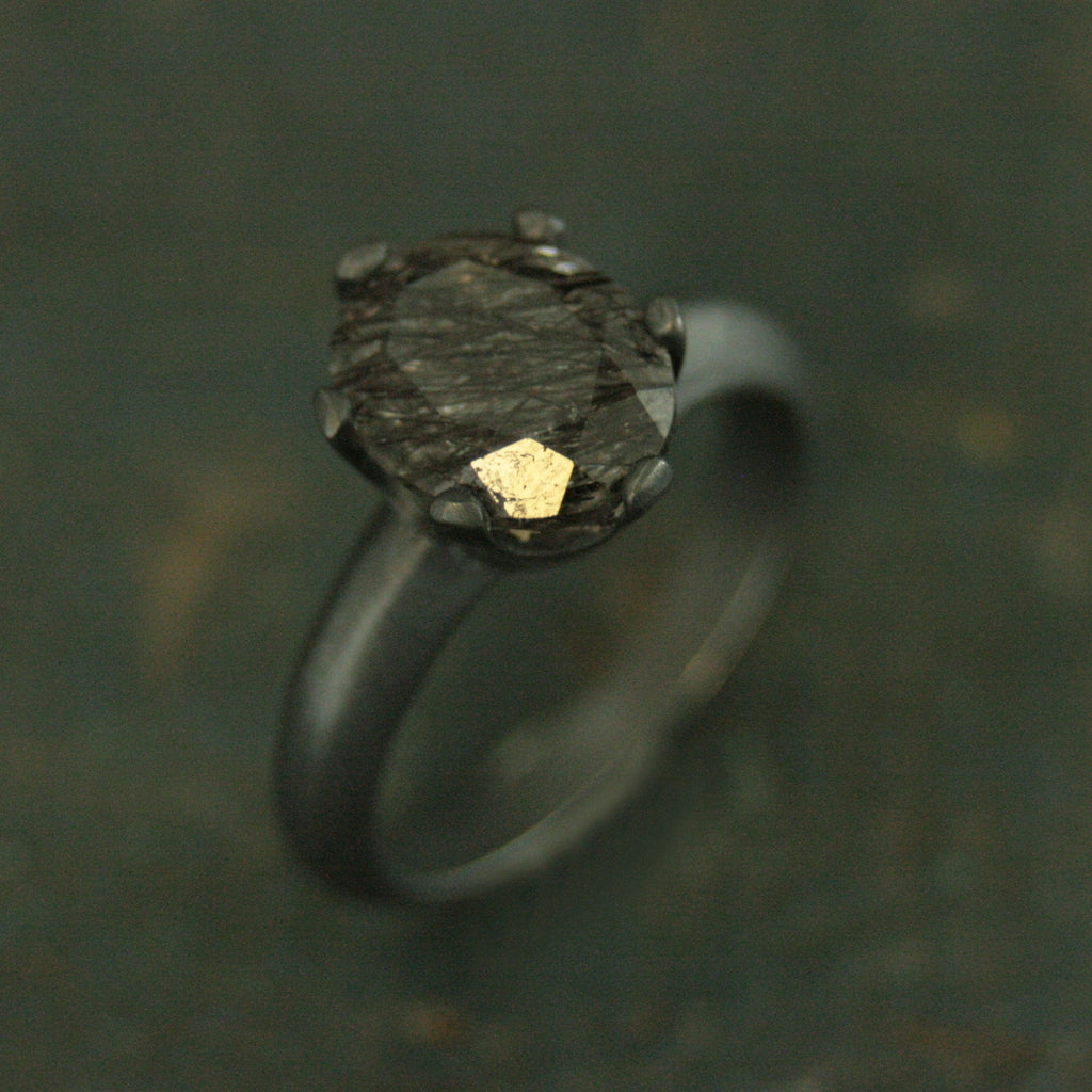 Oval Rutilated Quartz Black Ring Oval Black Tourmalinated Quartz Solitaire Six Prong Setting Crown Prongs Black Oxidized Silver Ring Unique