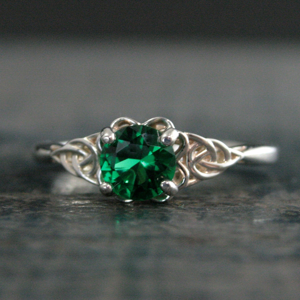 Green Celtic Ring Emerald Ring May Birthstone St. Patrick's Day Ring Trillion Ring Irish Engagement Ring Green Stone Ring Celtic Knot Ring