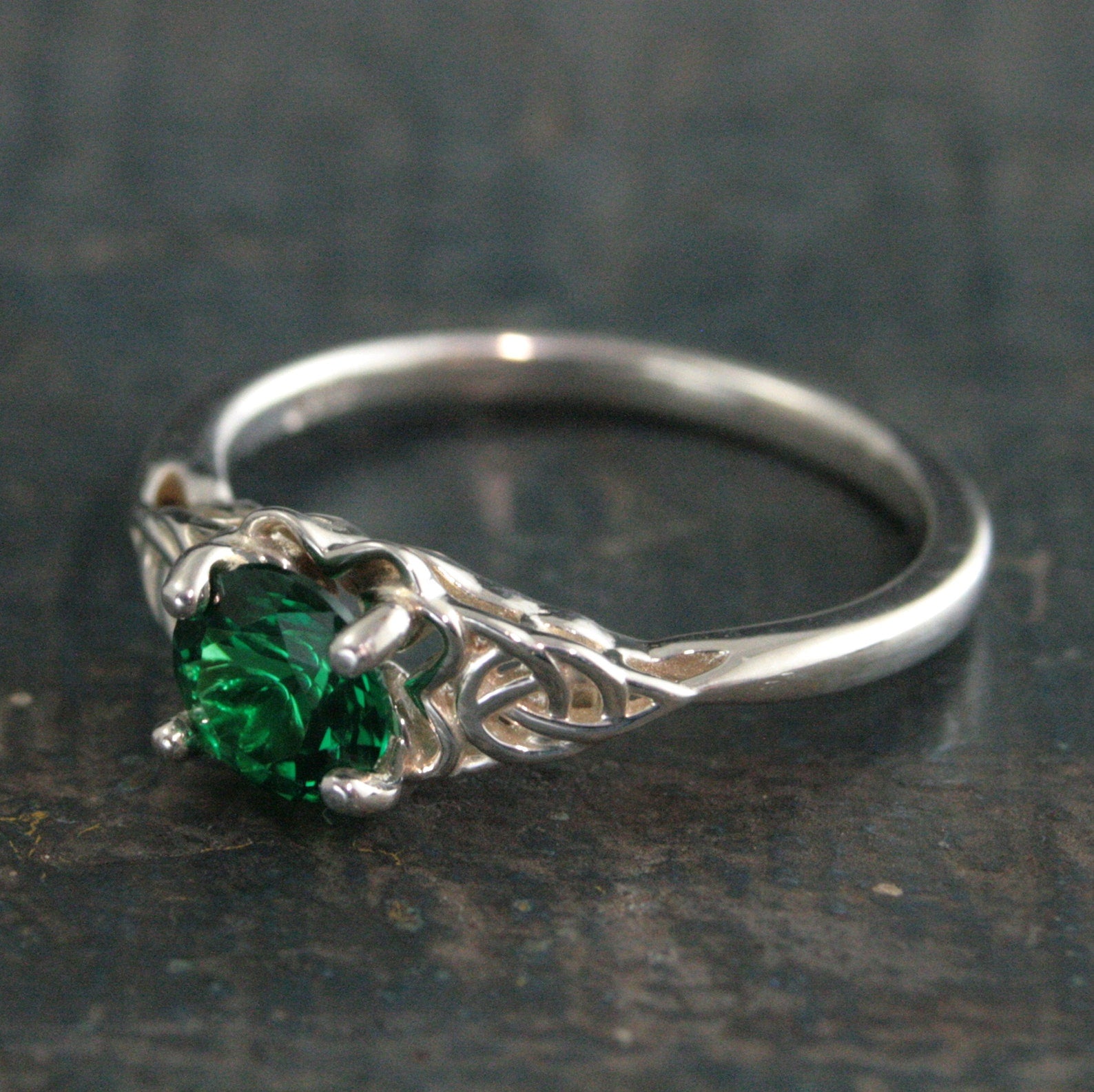 Green Celtic Ring Emerald Ring May Birthstone St. Patrick's Day Ring Trillion Ring Irish Engagement Ring Green Stone Ring Celtic Knot Ring