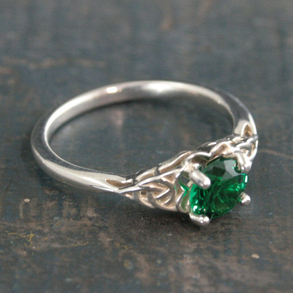 Green Celtic Ring Emerald Ring May Birthstone St. Patrick's Day Ring Trillion Ring Irish Engagement Ring Green Stone Ring Celtic Knot Ring
