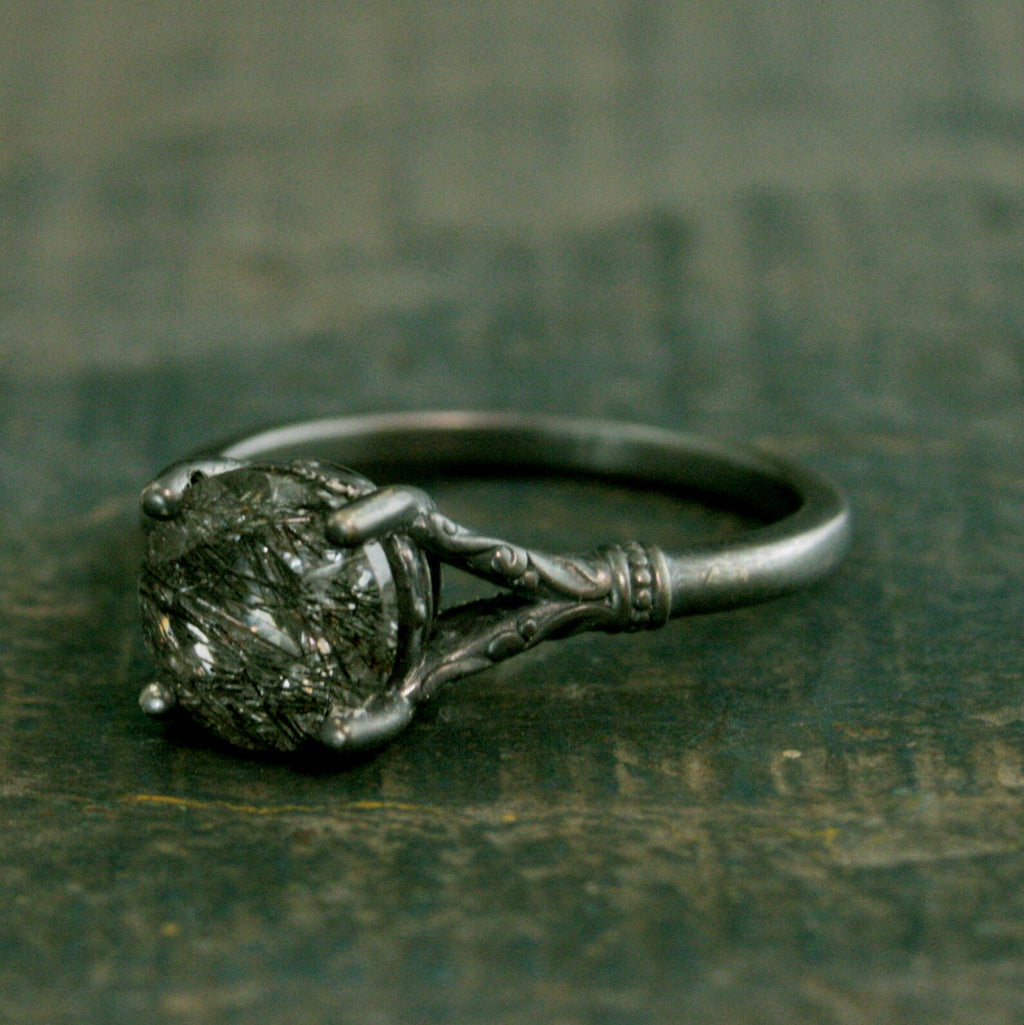 Black Tourmalinated Quartz Ring Black Rutilated Quartz Ring Oxidized Silver Ring Unique Engagement Ring Black Silver Ring Gothic Elsa Ring