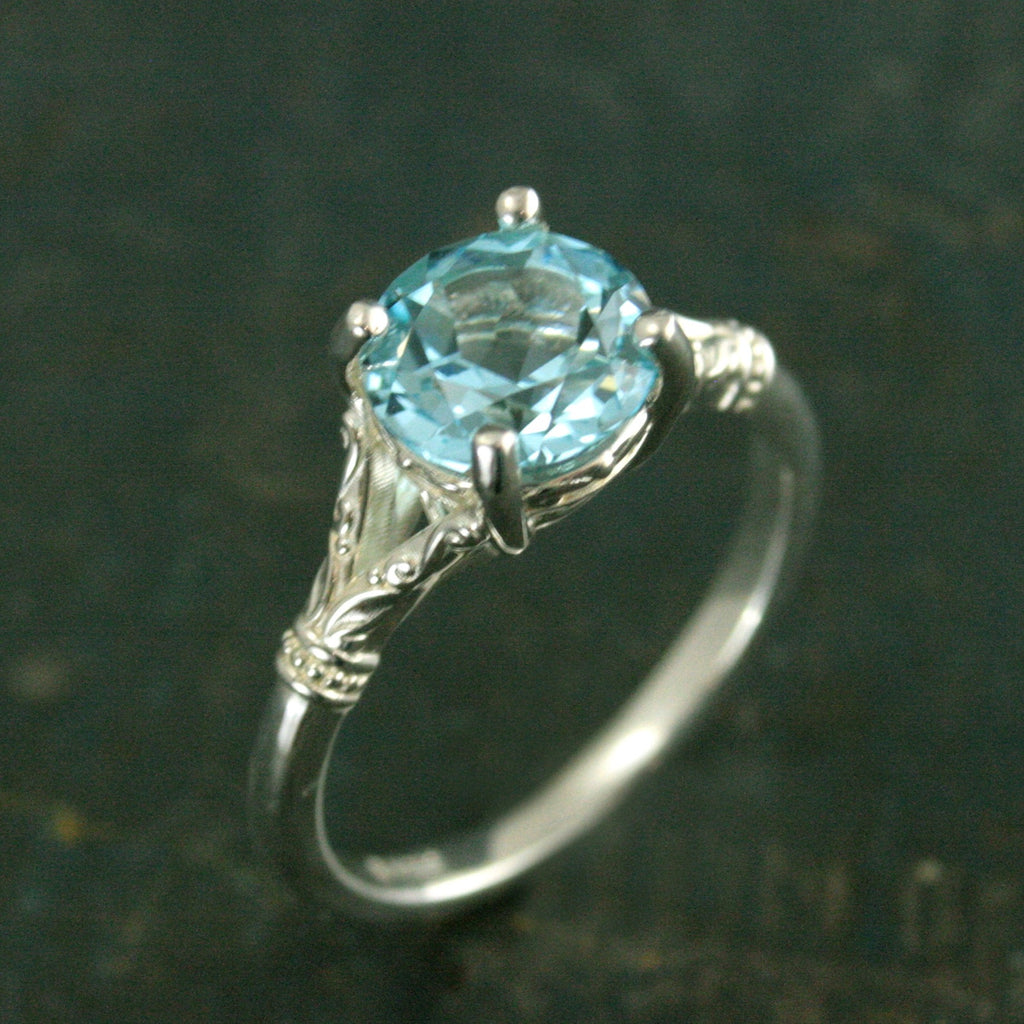 Sky Blue Topaz Ring Elsa Ring 8mm Blue Topaz Split Shank Solitaire Scroll Design Arendelle Inspired Ring March Birthstone Ring Gift for Her