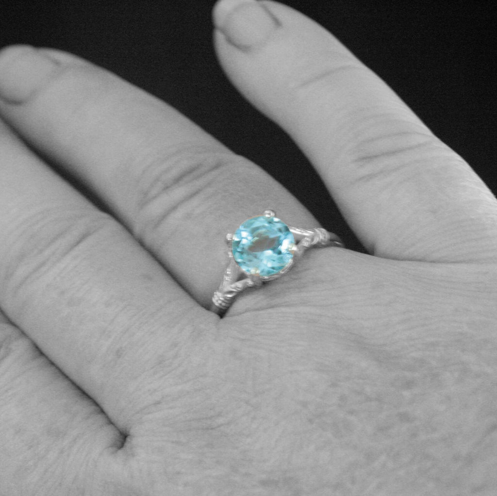 Sky Blue Topaz Ring Elsa Ring 8mm Blue Topaz Split Shank Solitaire Scroll Design Arendelle Inspired Ring March Birthstone Ring Gift for Her