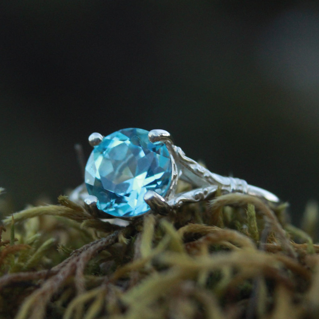 Sky Blue Topaz Ring Elsa Ring 8mm Blue Topaz Split Shank Solitaire Scroll Design Arendelle Inspired Ring March Birthstone Ring Gift for Her