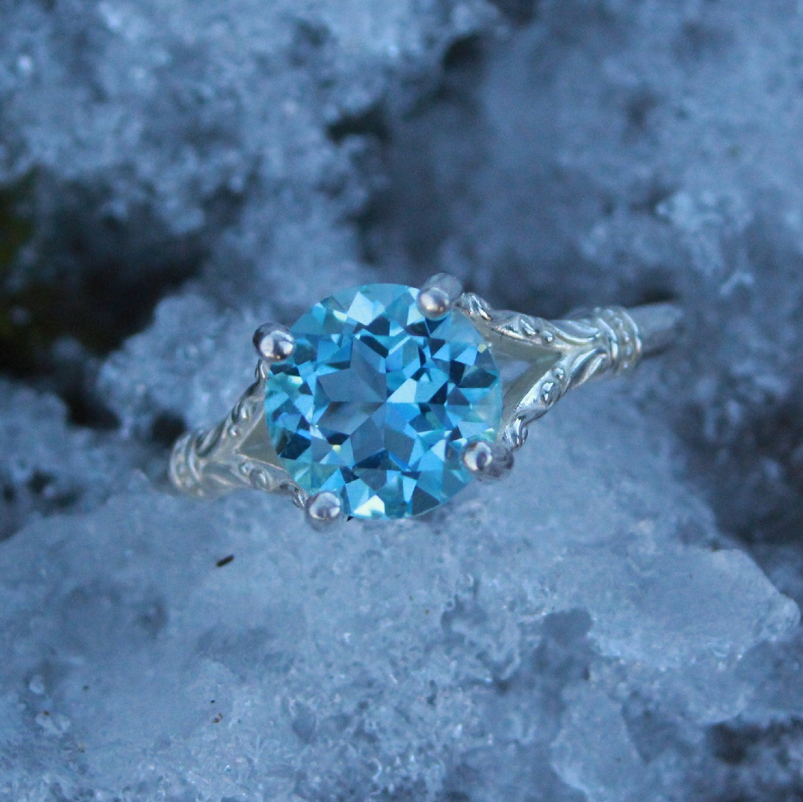 Sky Blue Topaz Ring Elsa Ring 8mm Blue Topaz Split Shank Solitaire Scroll Design Arendelle Inspired Ring March Birthstone Ring Gift for Her