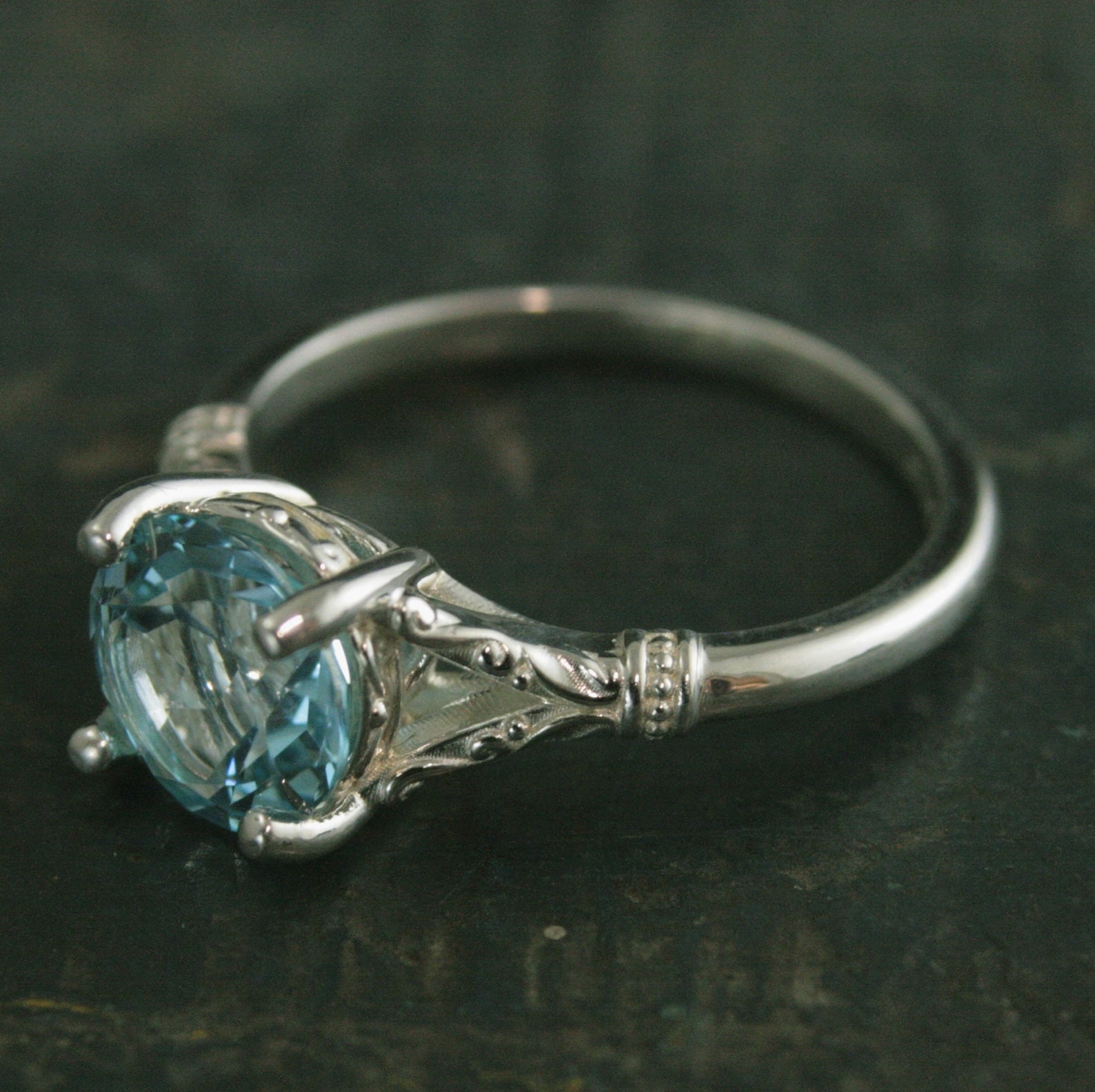 Sky Blue Topaz Ring Elsa Ring 8mm Blue Topaz Split Shank Solitaire Scroll Design Arendelle Inspired Ring March Birthstone Ring Gift for Her