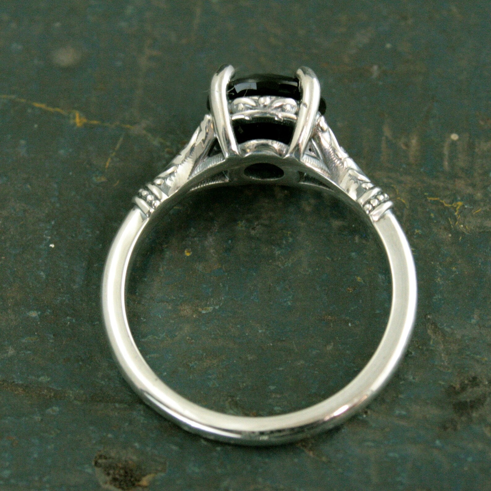 Black Onyx Ring Nordic Design Scrollwork Split Shank Solitaire Oxidized Silver Antiqued Ring Vintage Design Unique Engagement Ring Gothic