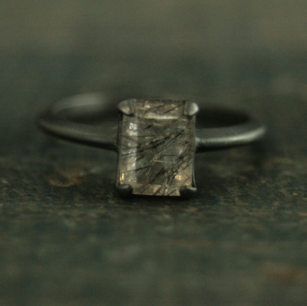 Black Tourmalinated Quartz Ring Emerald Cut Rutilated Quartz Modern Knife Edge Ring Oxidized Black Silver Ring Black Rutilated Quartz Ring