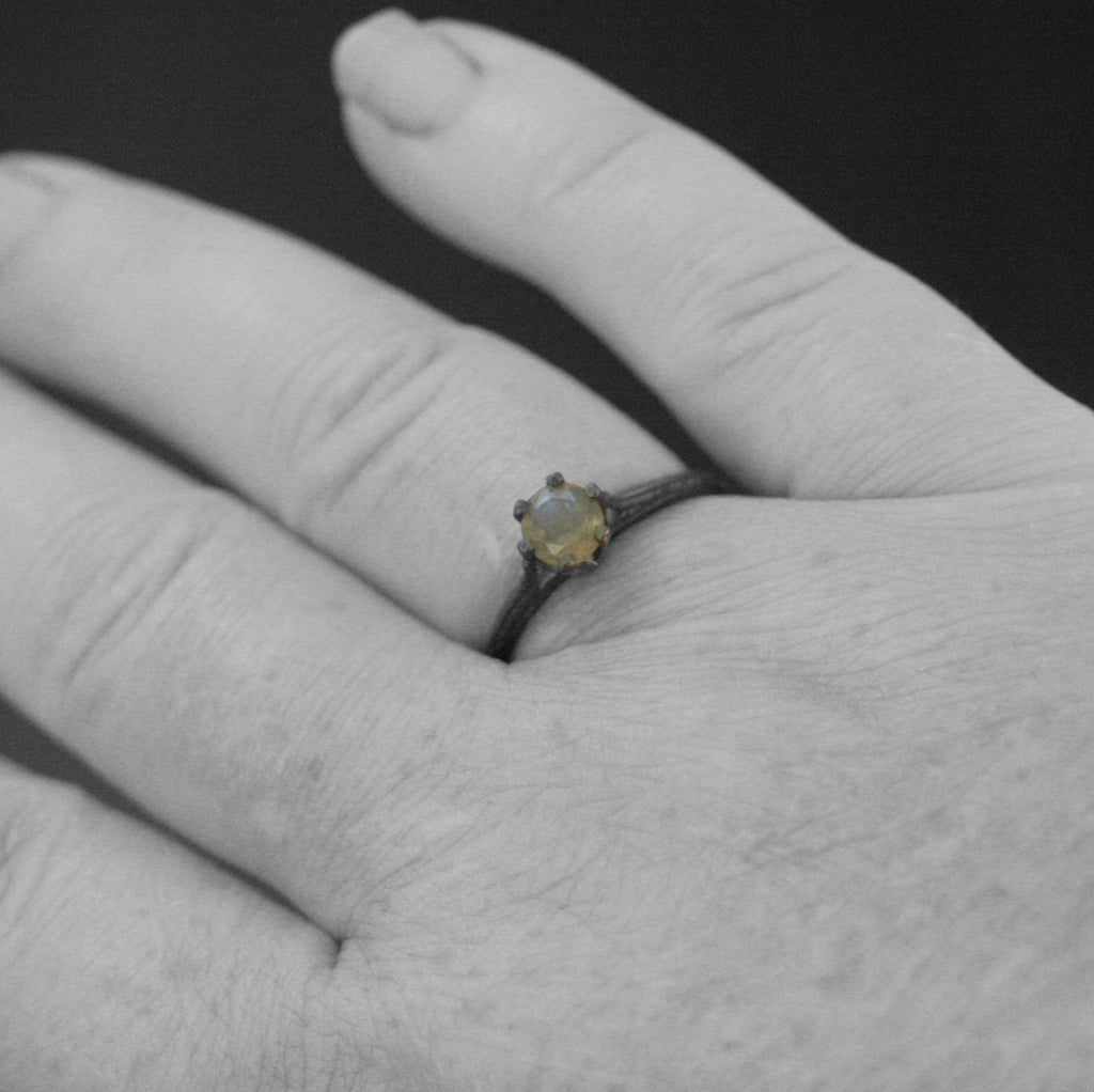 Labradorite Ring Ariel Cathedral Ring Oxidized Black Silver Ring 6 Prong Solitaire Black Silver Ring Embossed Knife Edge Design