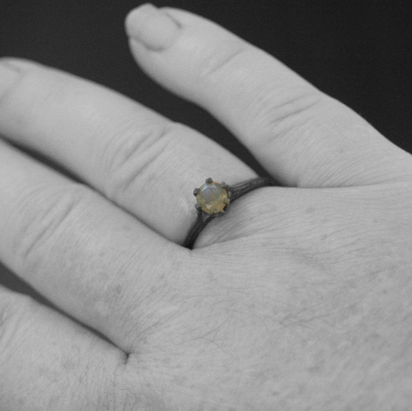 Labradorite Ring Ariel Cathedral Ring Oxidized Black Silver Ring 6 Prong Solitaire Black Silver Ring Embossed Knife Edge Design