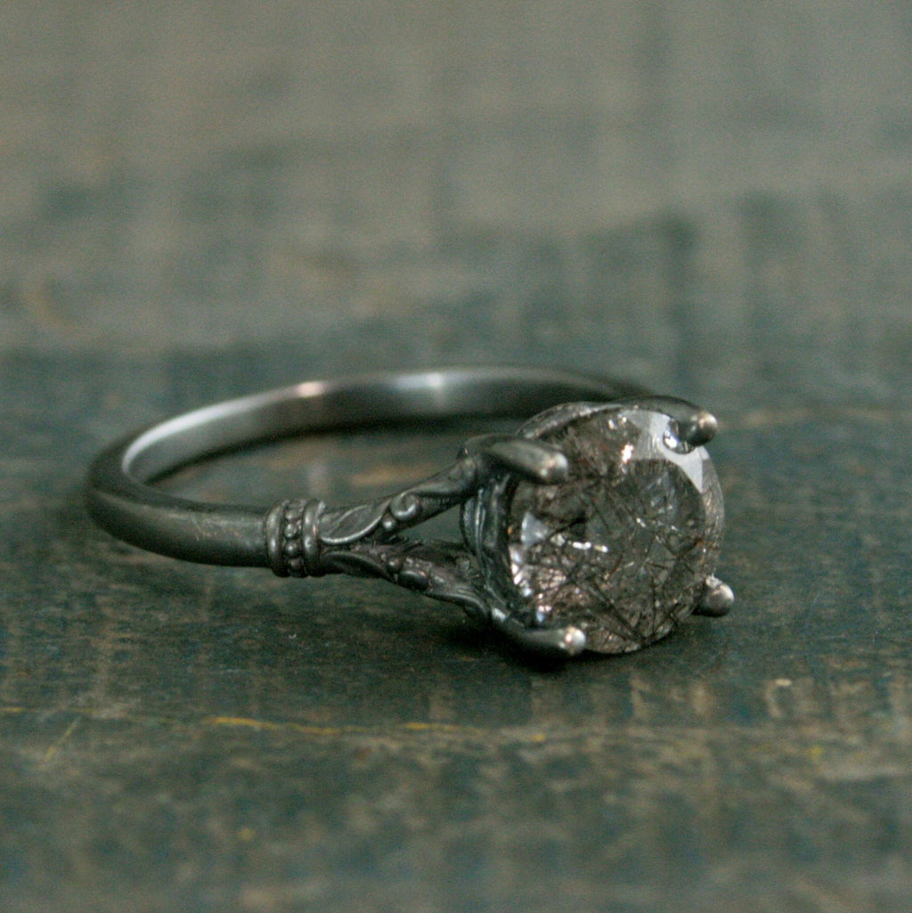 Black Tourmalinated Quartz Ring Black Rutilated Quartz Ring Oxidized Silver Ring Unique Engagement Ring Black Silver Ring Gothic Elsa Ring