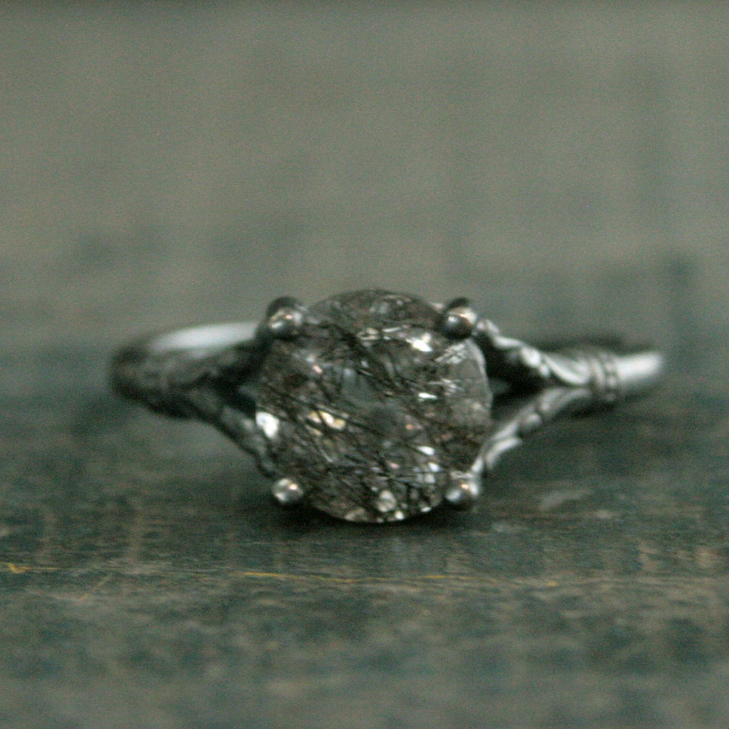 Black Tourmalinated Quartz Ring Black Rutilated Quartz Ring Oxidized Silver Ring Unique Engagement Ring Black Silver Ring Gothic Elsa Ring