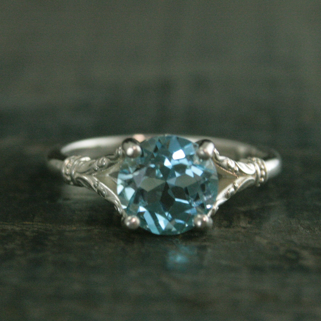 Sky Blue Topaz Ring Elsa Ring 8mm Blue Topaz Split Shank Solitaire Scroll Design Arendelle Inspired Ring March Birthstone Ring Gift for Her