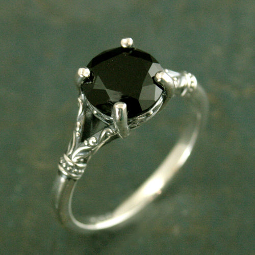 Black Onyx Ring Nordic Design Scrollwork Split Shank Solitaire Oxidized Silver Antiqued Ring Vintage Design Unique Engagement Ring Gothic