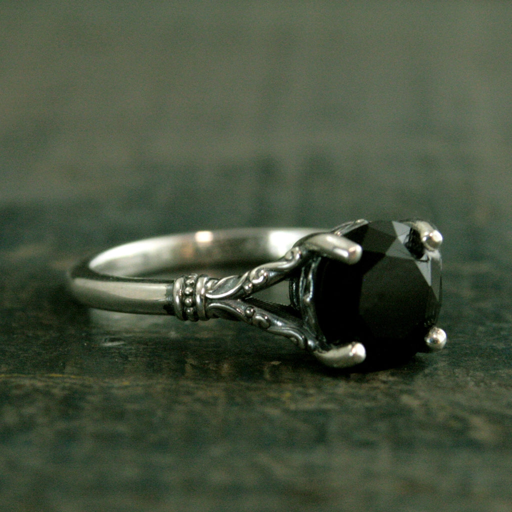 Black Onyx Ring Nordic Design Scrollwork Split Shank Solitaire Oxidized Silver Antiqued Ring Vintage Design Unique Engagement Ring Gothic