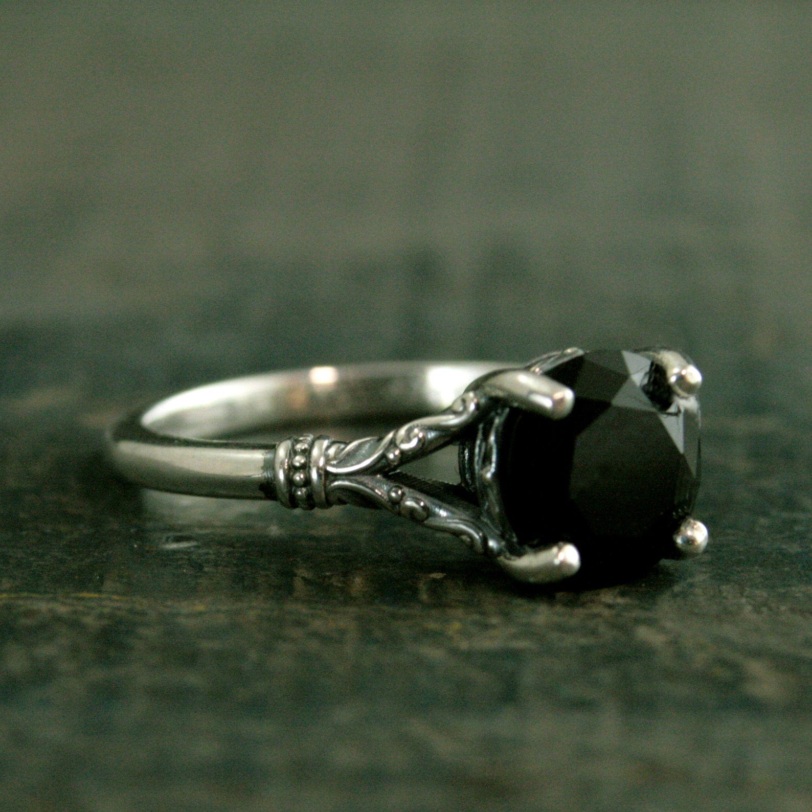 Black Onyx Ring Nordic Design Scrollwork Split Shank Solitaire Oxidized Silver Antiqued Ring Vintage Design Unique Engagement Ring Gothic