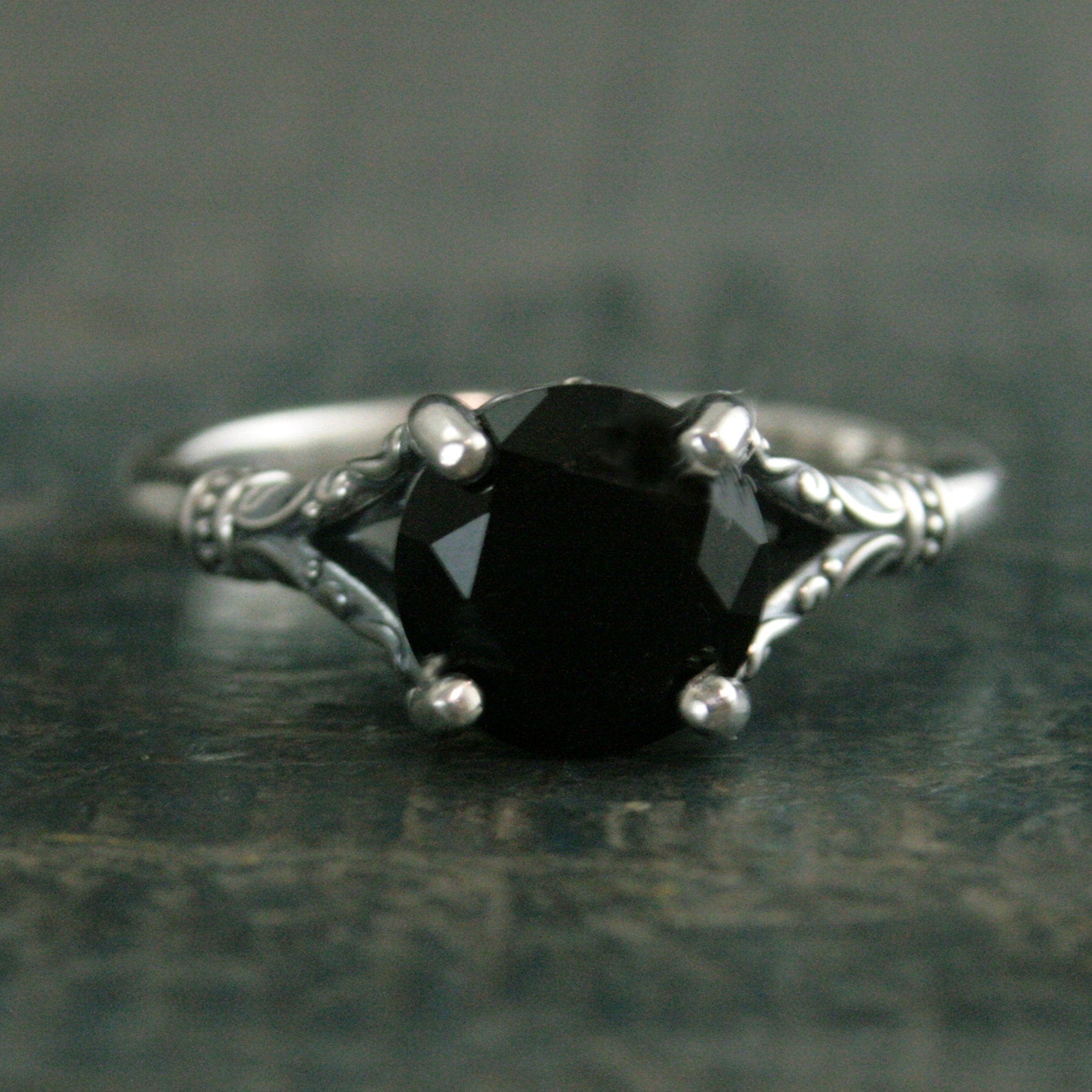 Black Onyx Ring Nordic Design Scrollwork Split Shank Solitaire Oxidized Silver Antiqued Ring Vintage Design Unique Engagement Ring Gothic