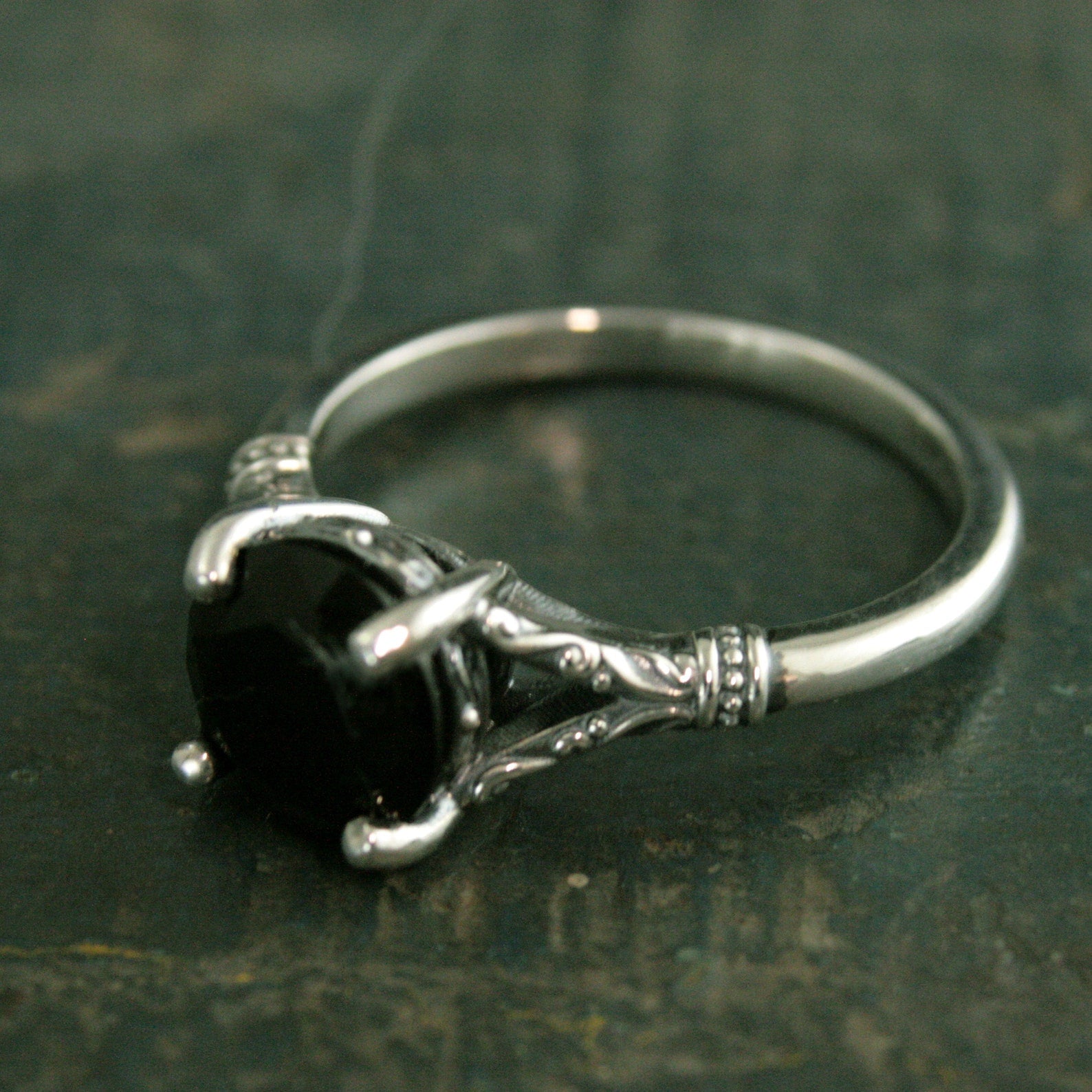 Black Onyx Ring Nordic Design Scrollwork Split Shank Solitaire Oxidized Silver Antiqued Ring Vintage Design Unique Engagement Ring Gothic