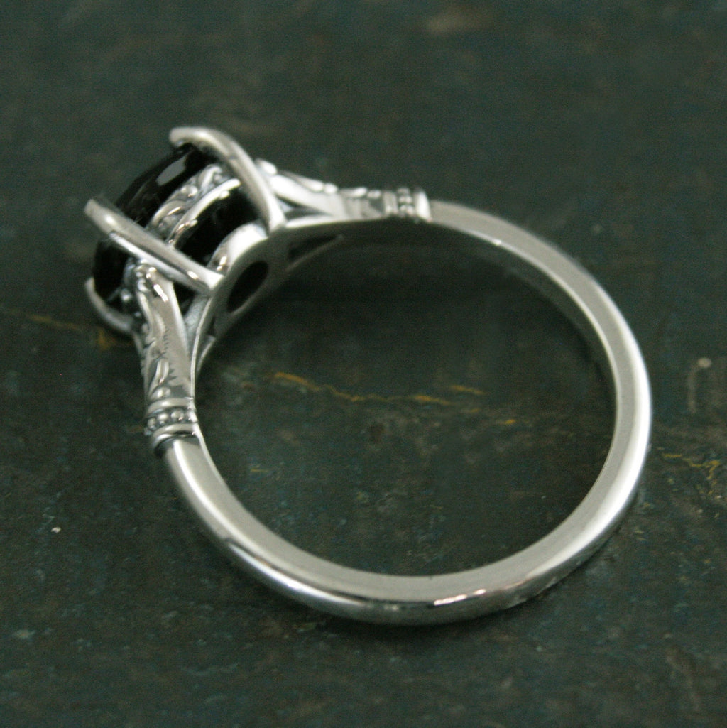 Black Onyx Ring Nordic Design Scrollwork Split Shank Solitaire Oxidized Silver Antiqued Ring Vintage Design Unique Engagement Ring Gothic
