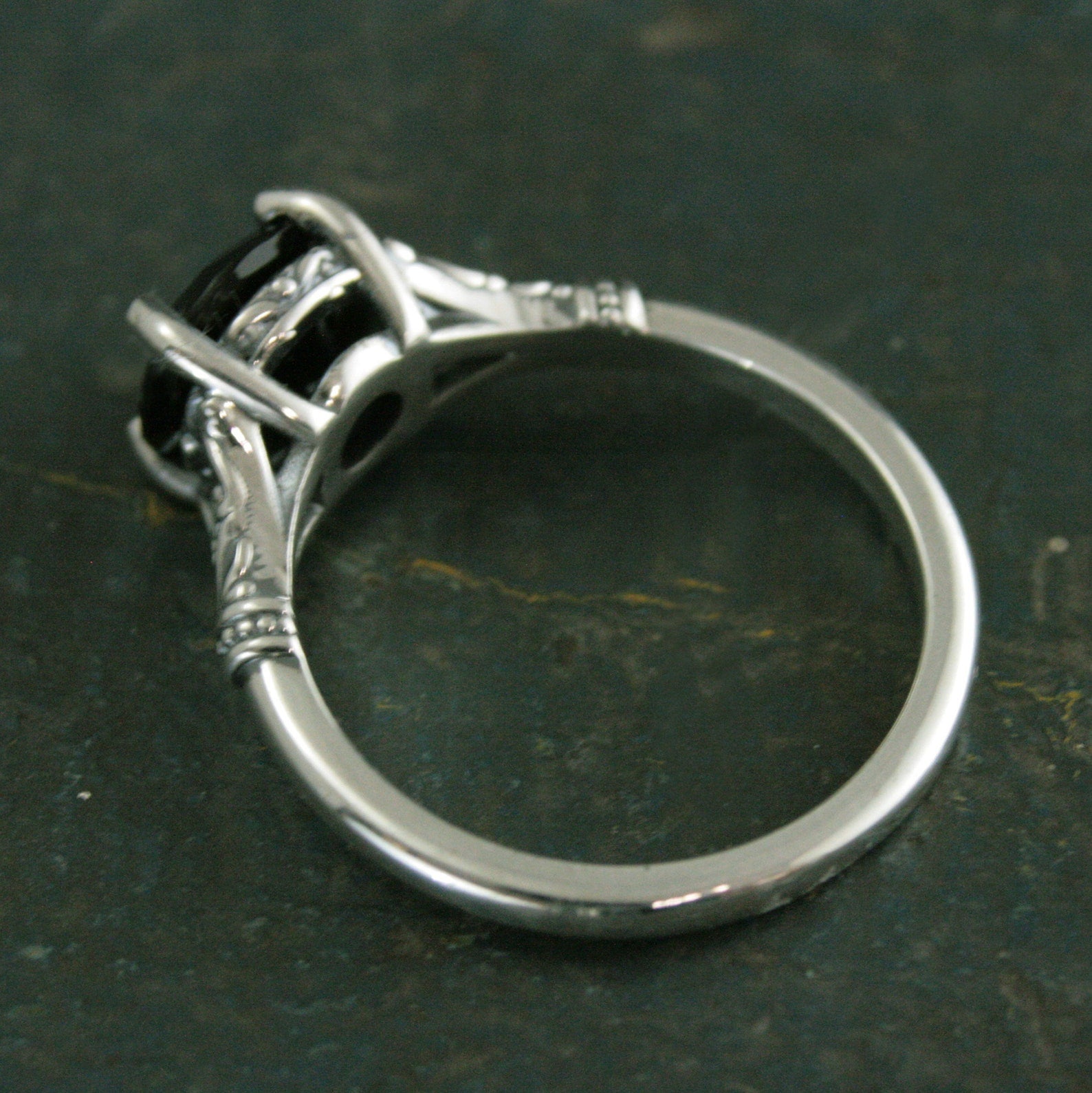 Black Onyx Ring Nordic Design Scrollwork Split Shank Solitaire Oxidized Silver Antiqued Ring Vintage Design Unique Engagement Ring Gothic