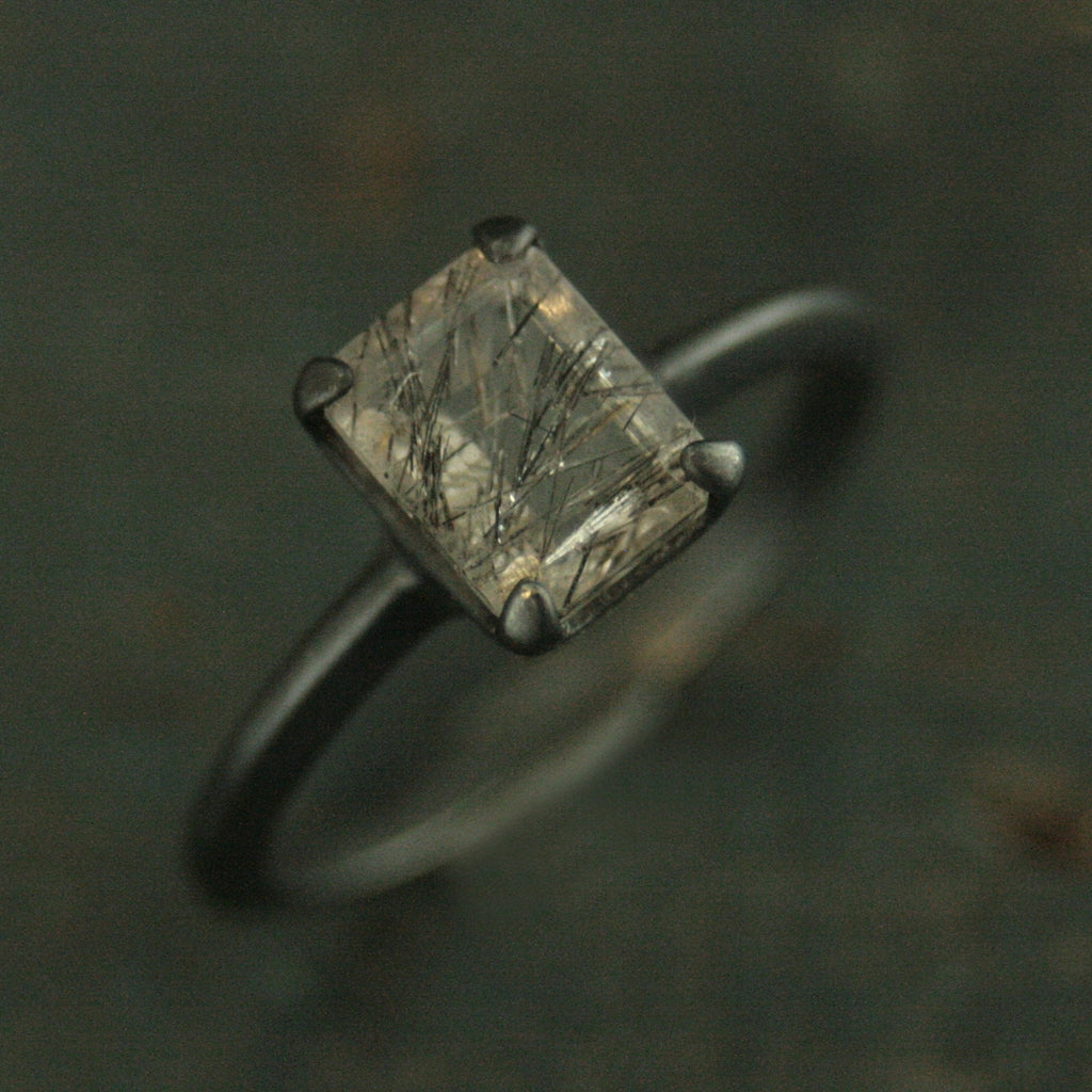 Black Tourmalinated Quartz Ring Emerald Cut Rutilated Quartz Modern Knife Edge Ring Oxidized Black Silver Ring Black Rutilated Quartz Ring