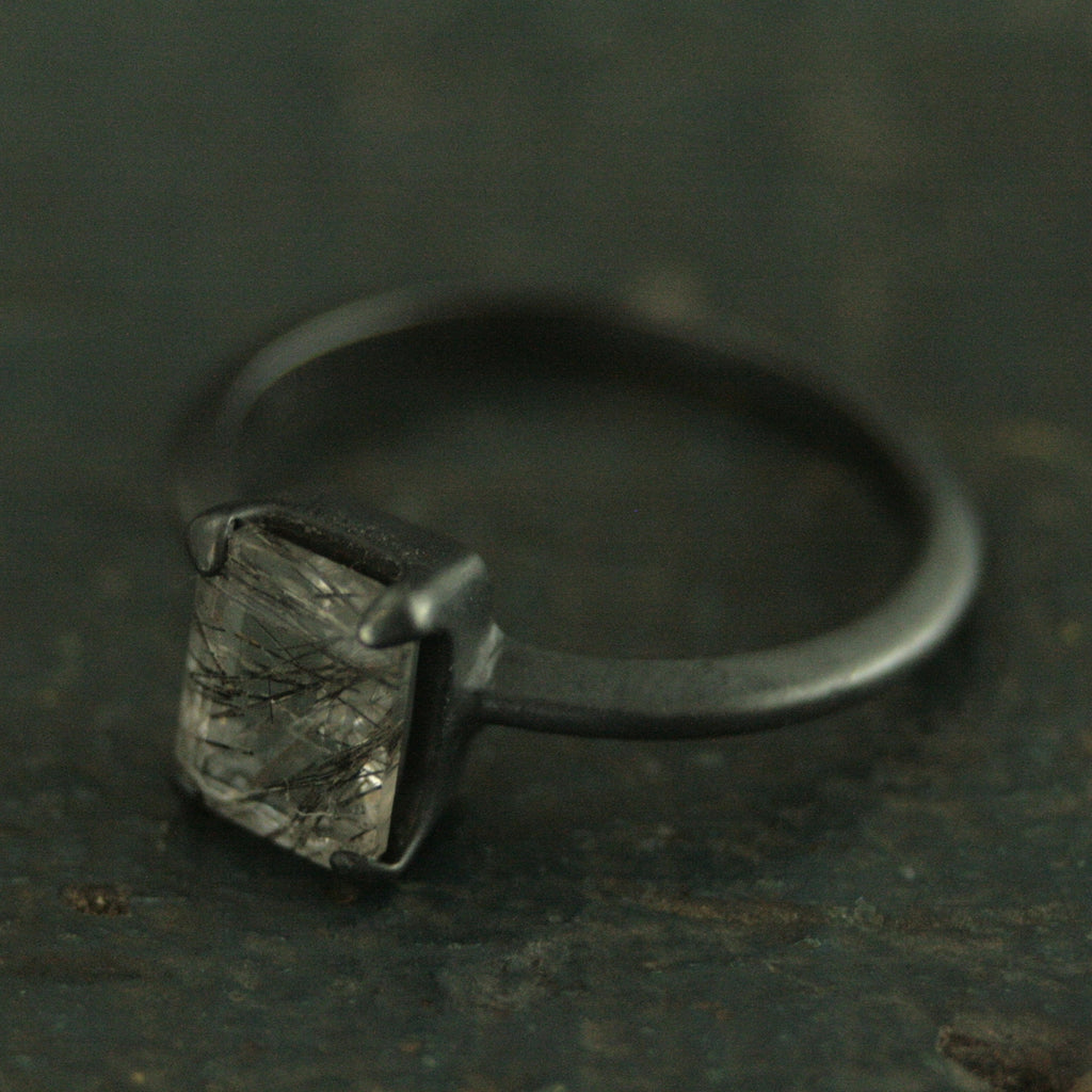 Black Tourmalinated Quartz Ring Emerald Cut Rutilated Quartz Modern Knife Edge Ring Oxidized Black Silver Ring Black Rutilated Quartz Ring