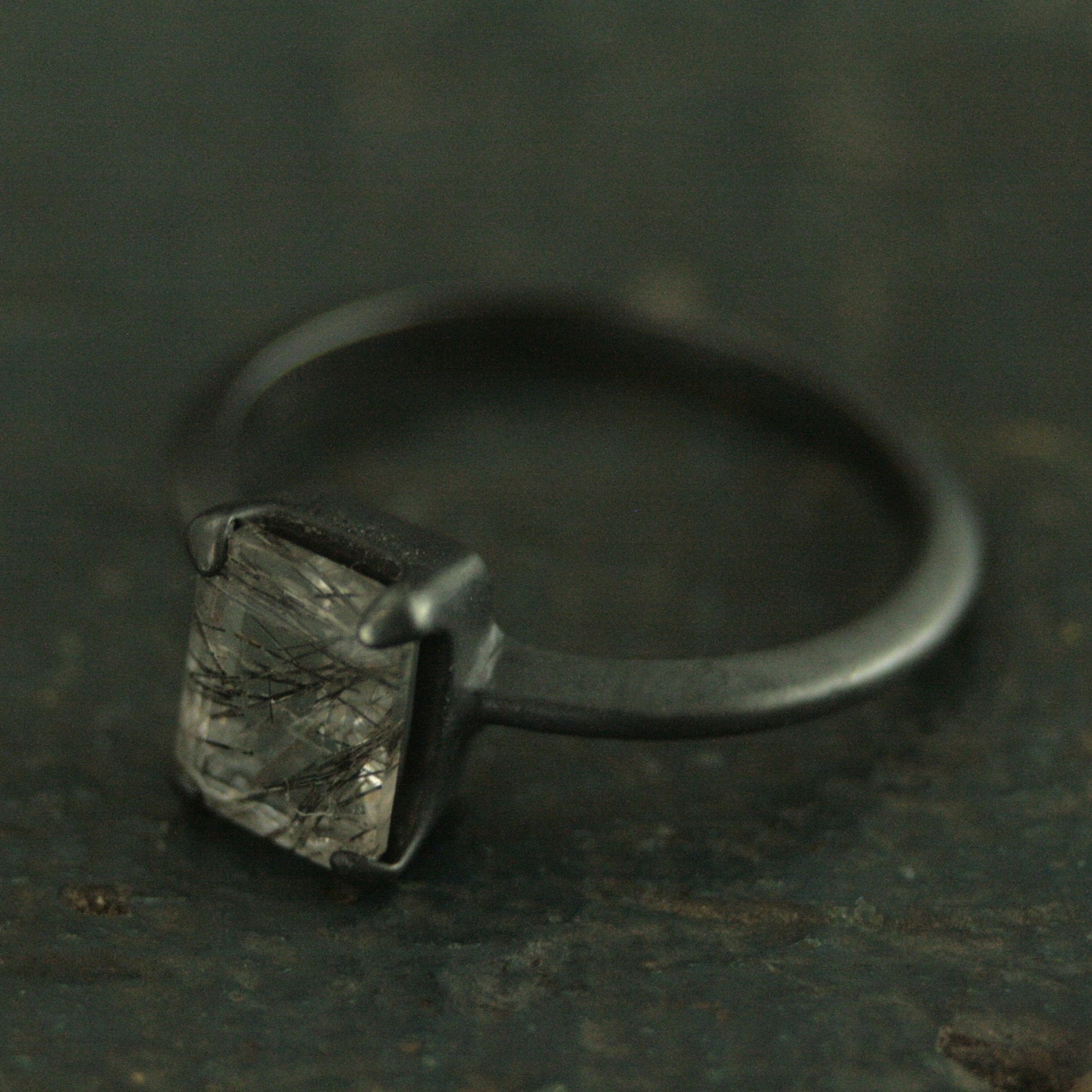 Black Tourmalinated Quartz Ring Emerald Cut Rutilated Quartz Modern Knife Edge Ring Oxidized Black Silver Ring Black Rutilated Quartz Ring