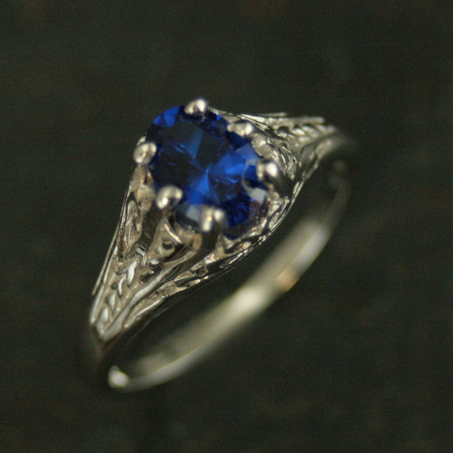 Silver Oval Sapphire Ring Aurora Filigree Antique Style Ring Vintage Style September Birthstone Ring Unique Engagement Ring Filigree