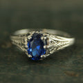 Silver Oval Sapphire Ring Aurora Filigree Antique Style Ring Vintage Style September Birthstone Ring Unique Engagement Ring Filigree