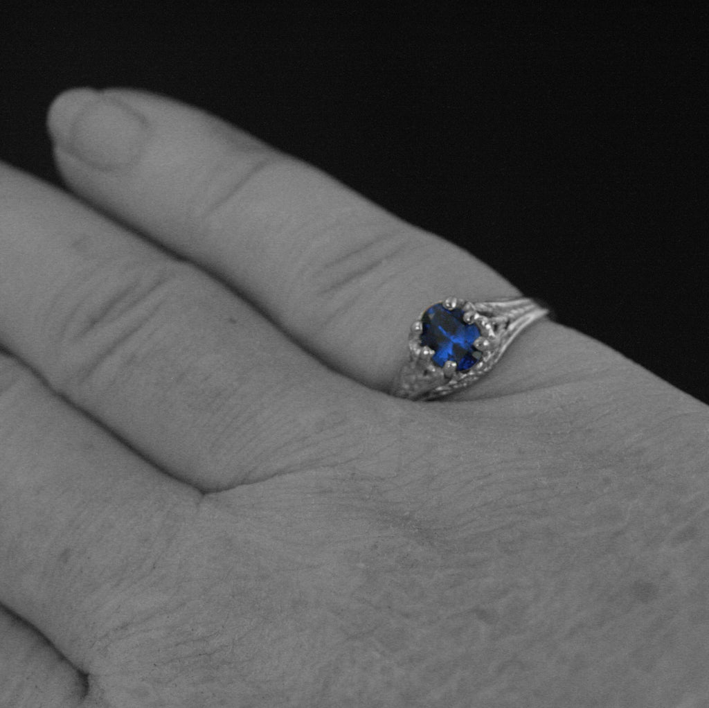 Silver Oval Sapphire Ring Aurora Filigree Antique Style Ring Vintage Style September Birthstone Ring Unique Engagement Ring Filigree