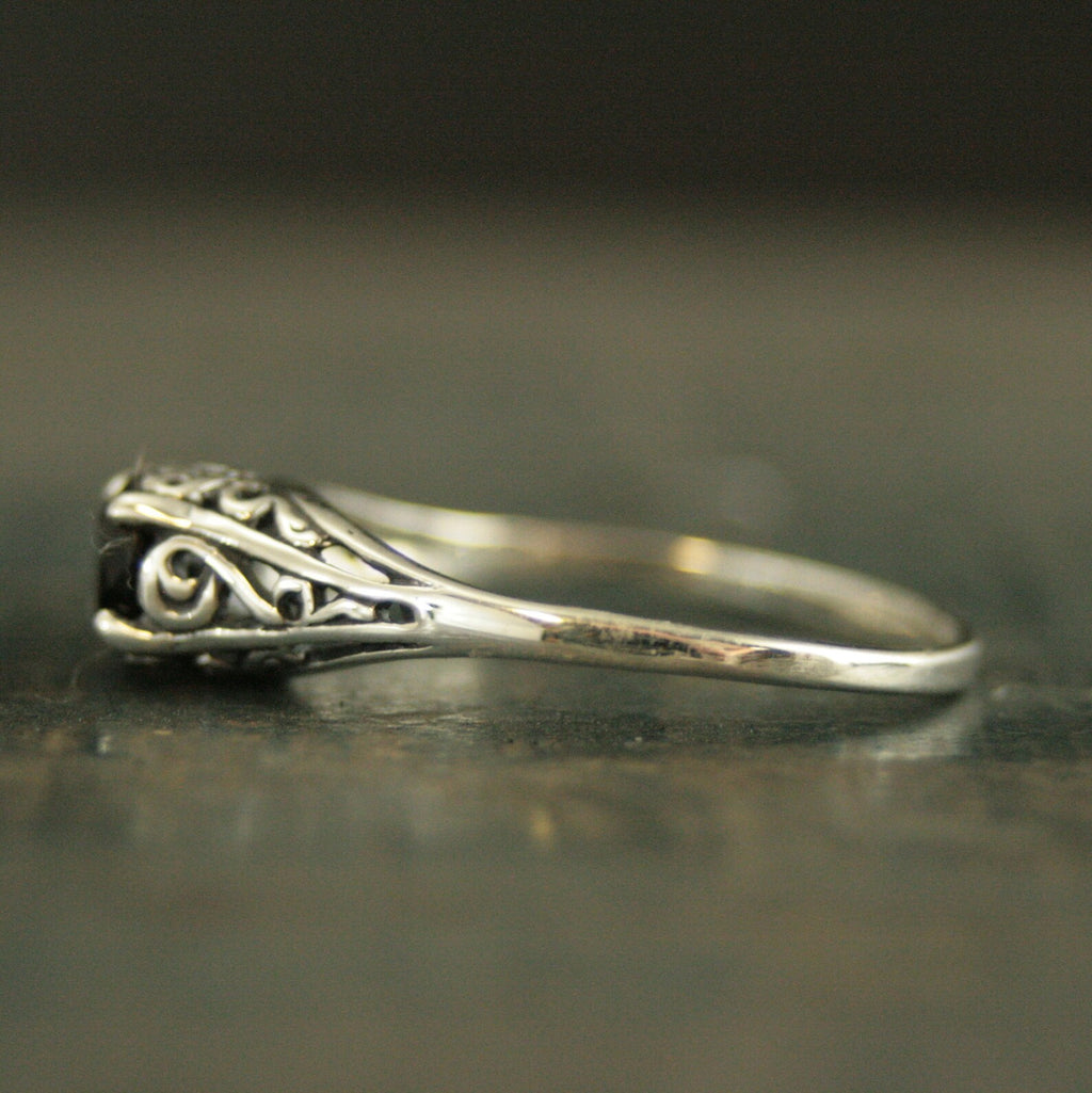 Filigree Engagement Ring Cinderella Onyx Ring Antique Style Ring Vintage Style Ring Scrollwork Solitaire 5mm Black Stone Ring Blazer Arts