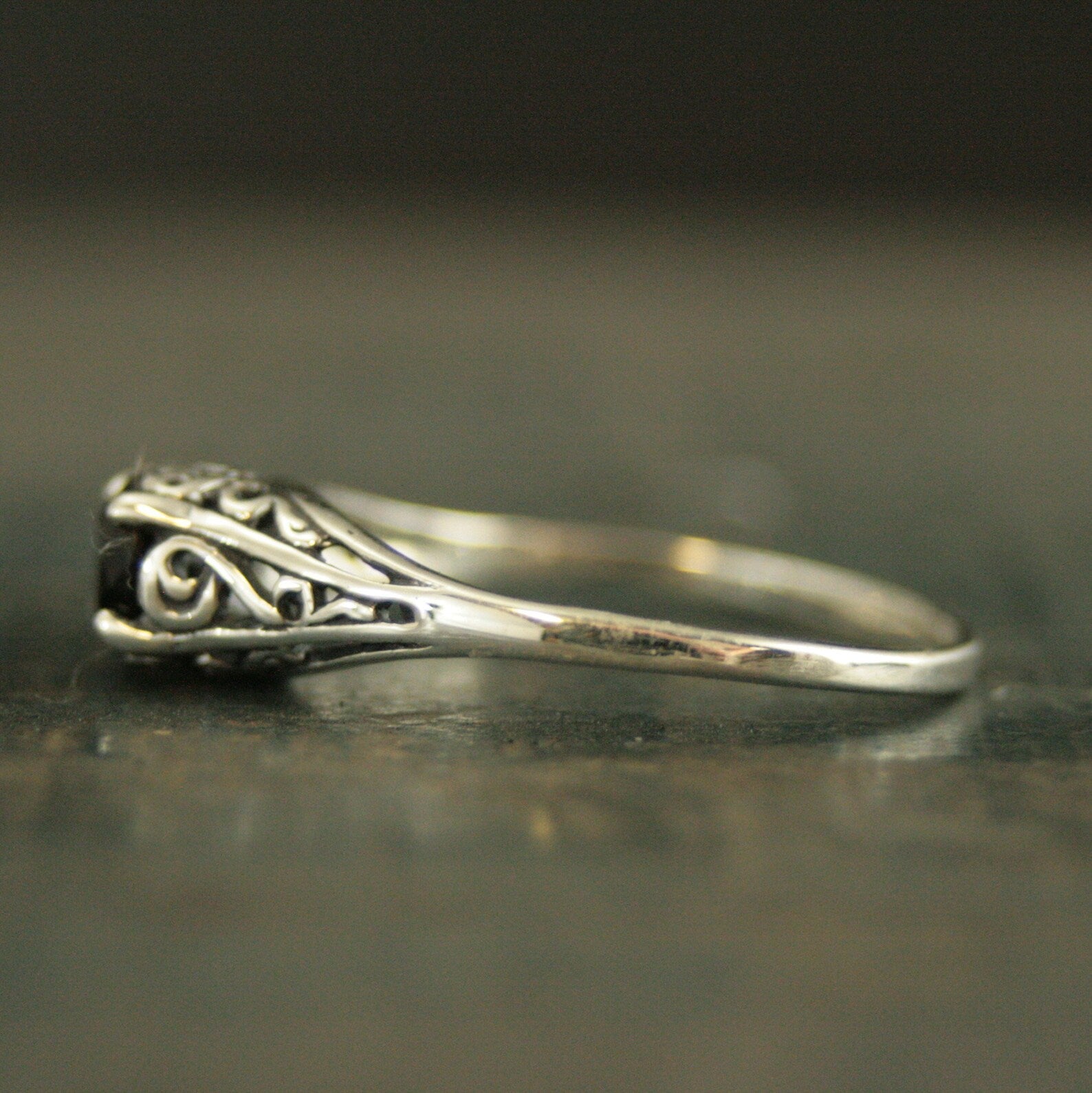 Filigree Engagement Ring Cinderella Onyx Ring Antique Style Ring Vintage Style Ring Scrollwork Solitaire 5mm Black Stone Ring Blazer Arts