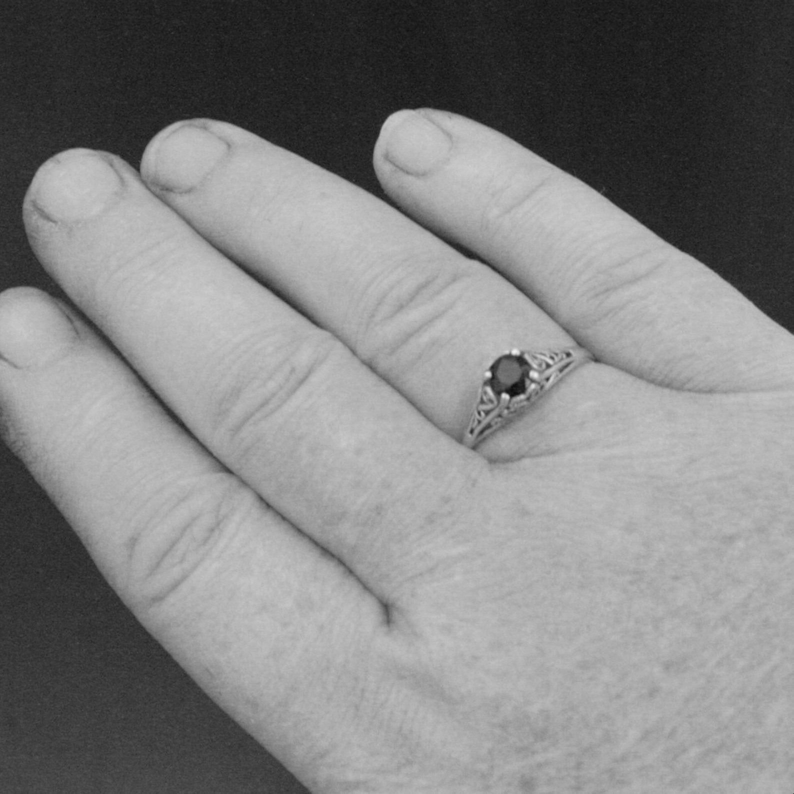 Filigree Engagement Ring Cinderella Onyx Ring Antique Style Ring Vintage Style Ring Scrollwork Solitaire 5mm Black Stone Ring Blazer Arts