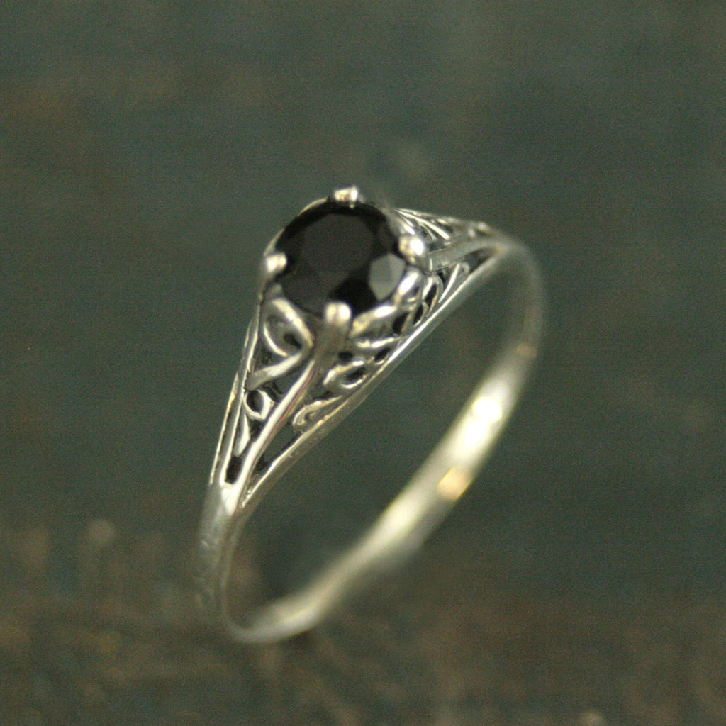 Filigree Engagement Ring Cinderella Onyx Ring Antique Style Ring Vintage Style Ring Scrollwork Solitaire 5mm Black Stone Ring Blazer Arts