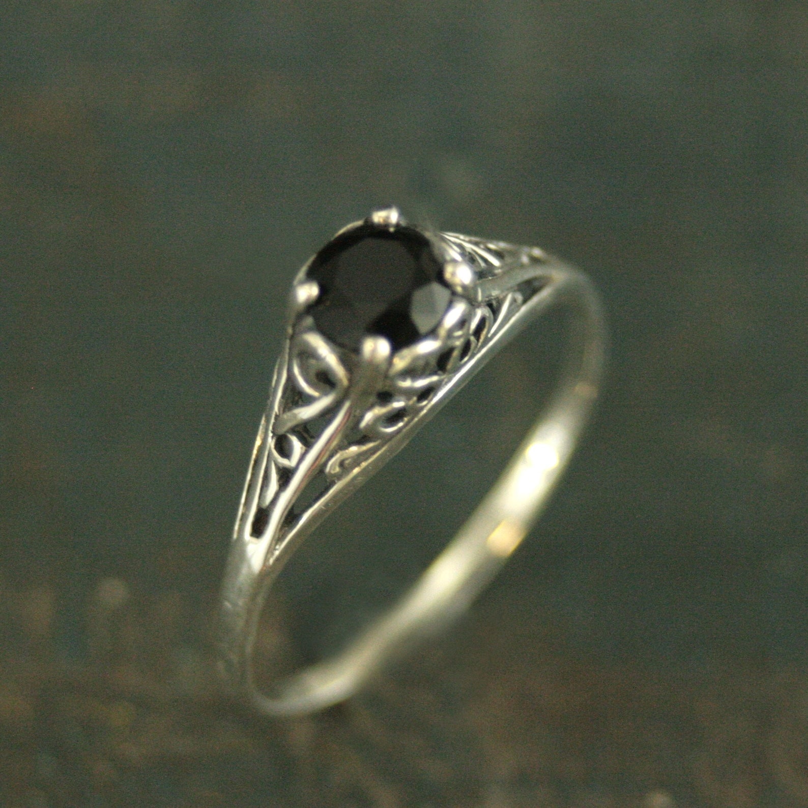 Filigree Engagement Ring Cinderella Onyx Ring Antique Style Ring Vintage Style Ring Scrollwork Solitaire 5mm Black Stone Ring Blazer Arts
