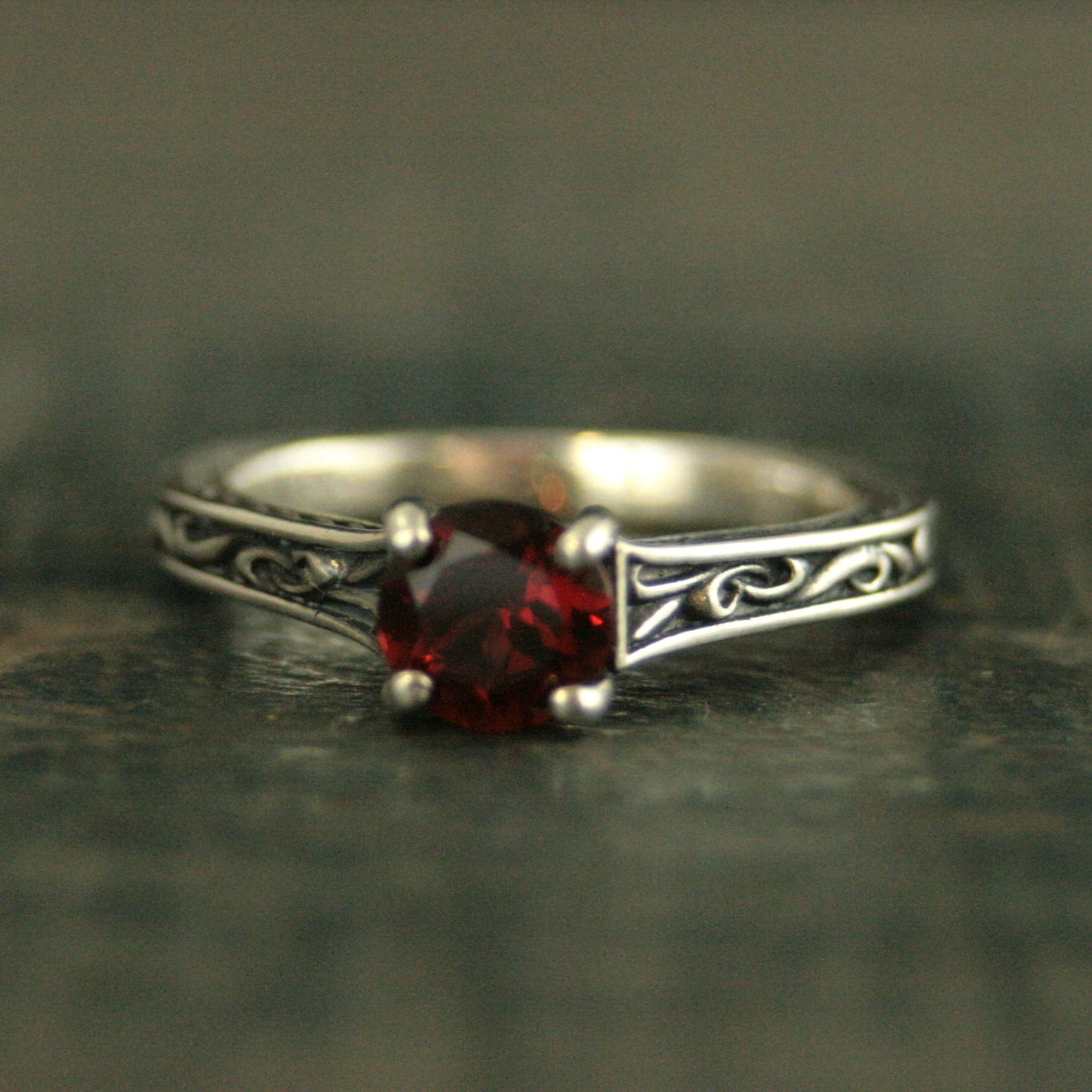 Flourish Cathedral Solitaire Ring Red Garnet Ring Antiqued Silver Sculptural Ring Genuine Mozambique Garnet January Birthstone Ring
