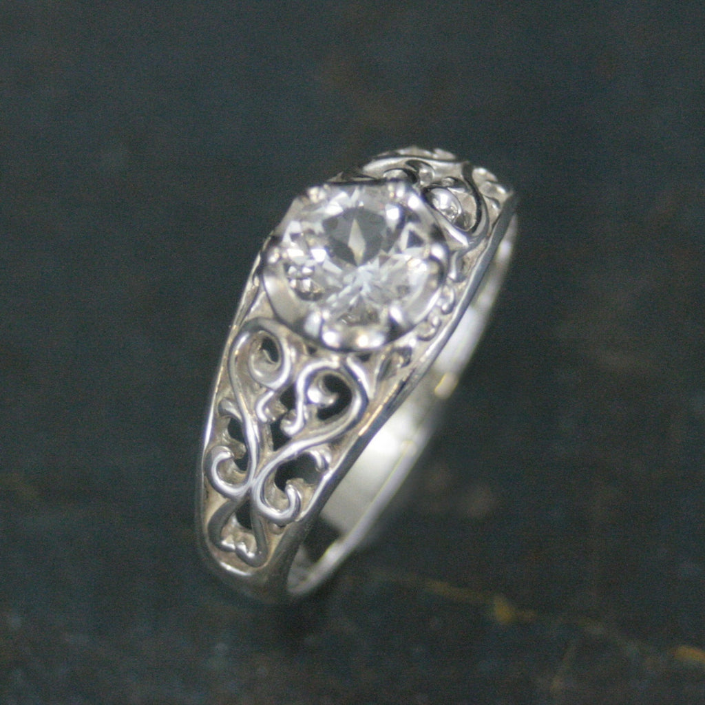 Sleeping Beauty White Topaz Ring Filigree Cubic Zirconia Ring Elegant Engagement Ring Antique Style Ring Vintage Style Ring Filigree Hearts