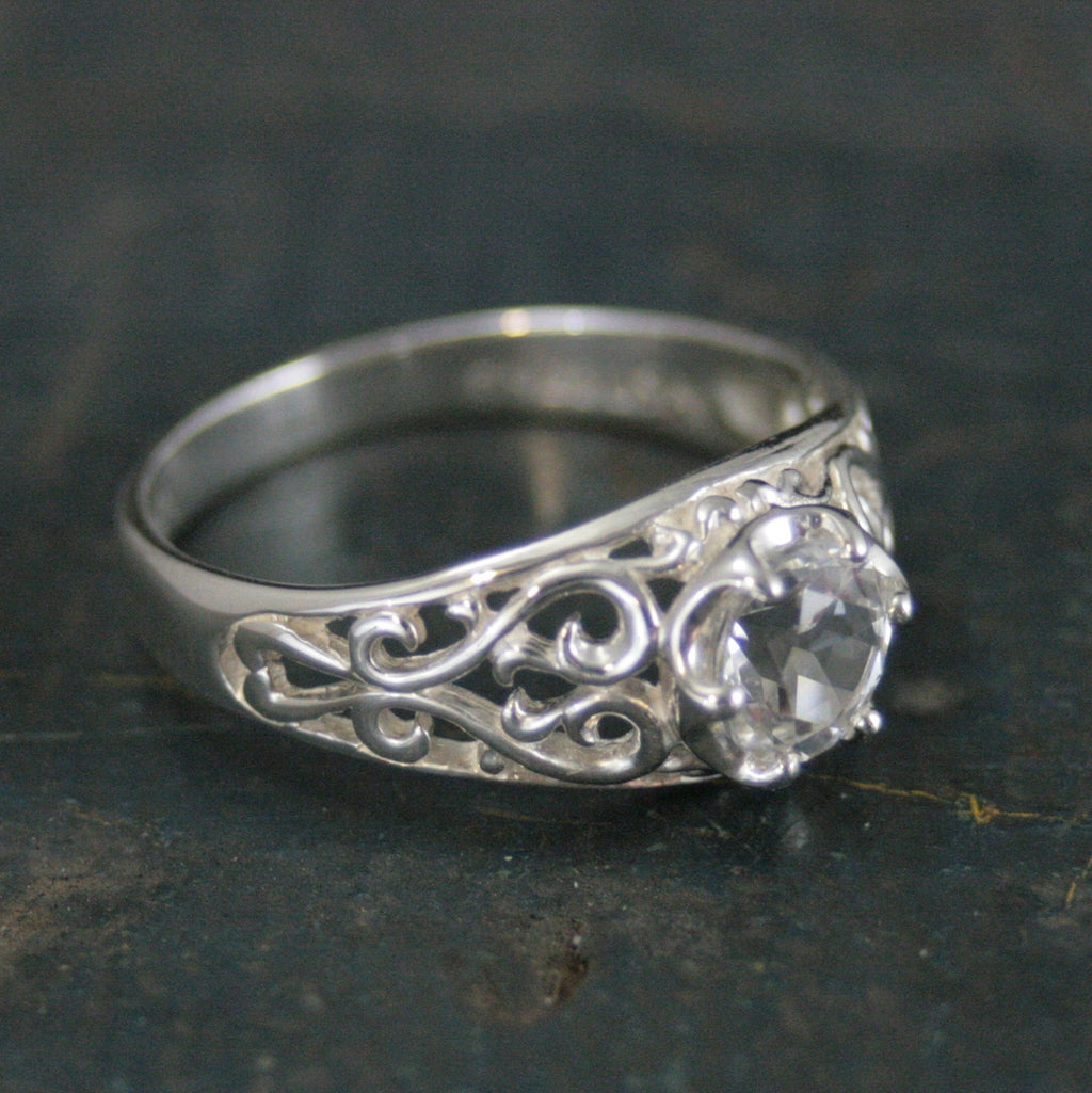 Sleeping Beauty White Topaz Ring Filigree Cubic Zirconia Ring Elegant Engagement Ring Antique Style Ring Vintage Style Ring Filigree Hearts