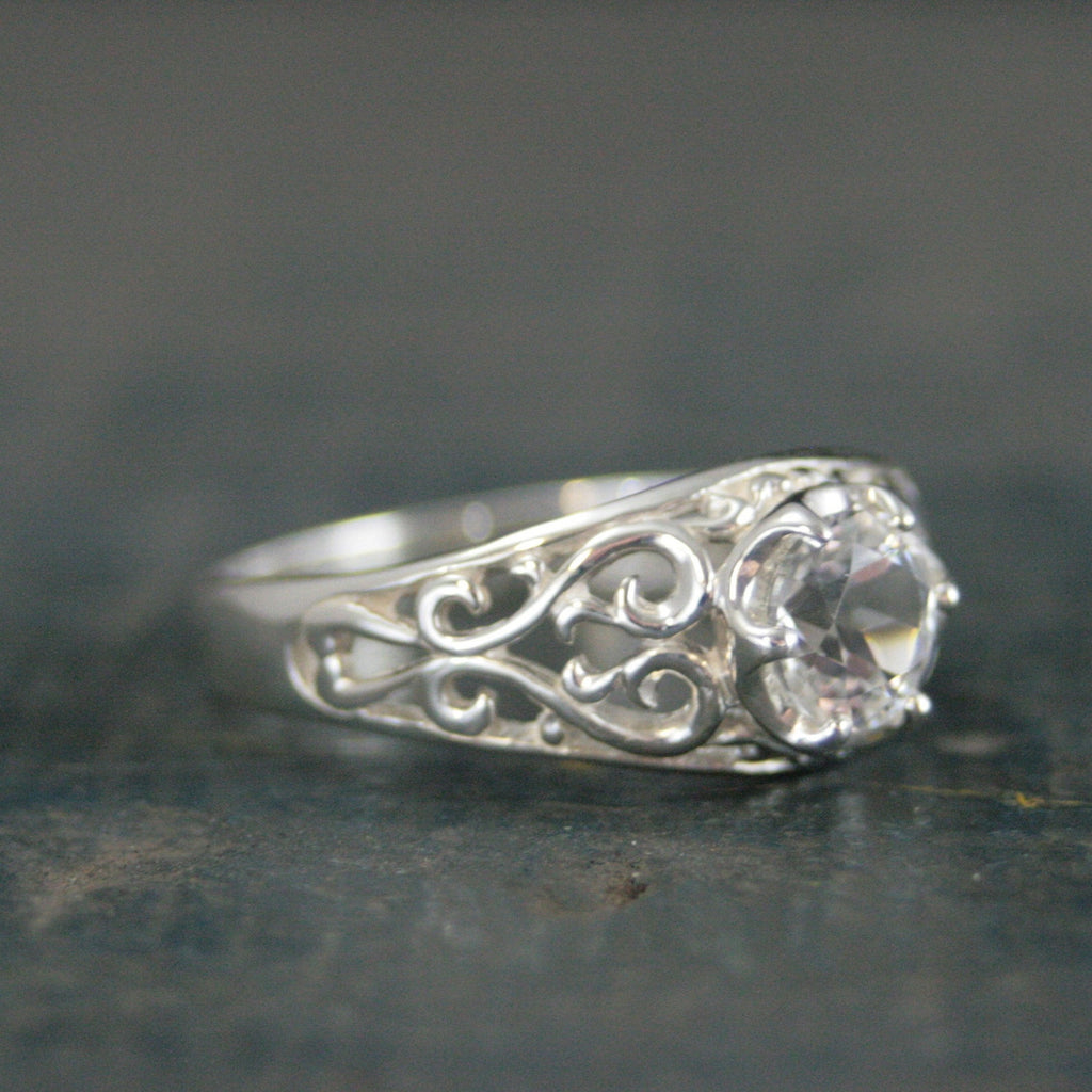 Sleeping Beauty White Topaz Ring Filigree Cubic Zirconia Ring Elegant Engagement Ring Antique Style Ring Vintage Style Ring Filigree Hearts