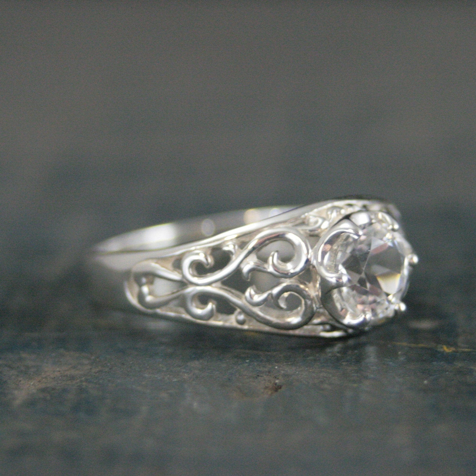 Sleeping Beauty White Topaz Ring Filigree Cubic Zirconia Ring Elegant Engagement Ring Antique Style Ring Vintage Style Ring Filigree Hearts