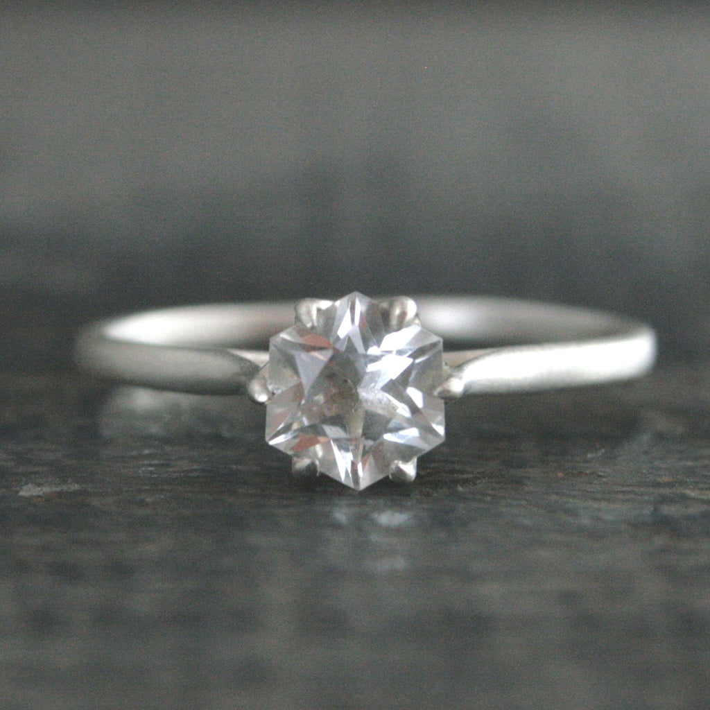Silver Hexagon Solitaire American Mined Arkansas Ice Quartz Hexagon Stone Elegant Six Prong Setting Unique Engagement Ring Conflict Free