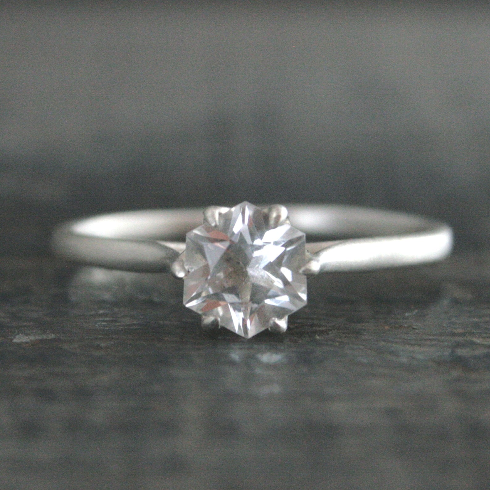 Silver Hexagon Solitaire American Mined Arkansas Ice Quartz Hexagon Stone Elegant Six Prong Setting Unique Engagement Ring Conflict Free