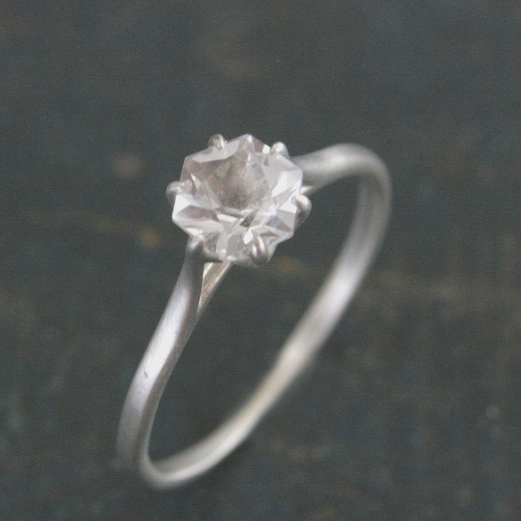 Silver Hexagon Solitaire American Mined Arkansas Ice Quartz Hexagon Stone Elegant Six Prong Setting Unique Engagement Ring Conflict Free