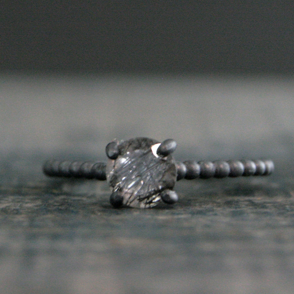 Black Rutilated Quartz Ring Beaded Cathedral Solitaire Black Oxidized Silver Ring Unique Engagement Ring Black Tourmalinated Quartz Ring