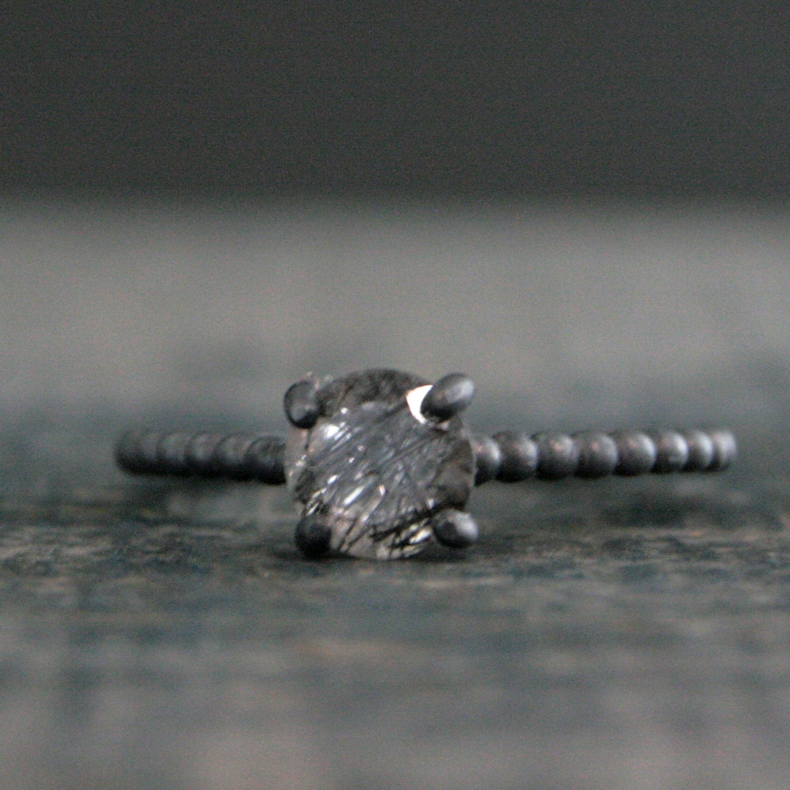 Black Rutilated Quartz Ring Beaded Cathedral Solitaire Black Oxidized Silver Ring Unique Engagement Ring Black Tourmalinated Quartz Ring