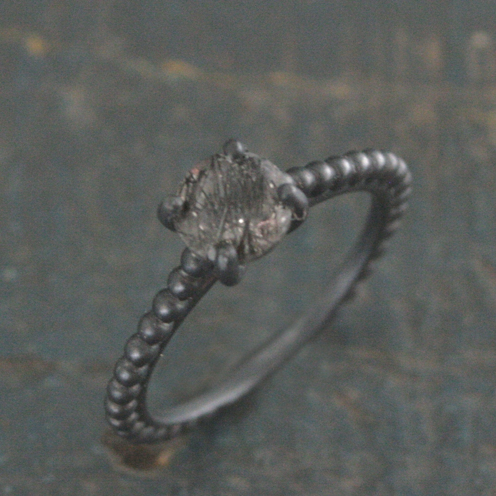 Black Rutilated Quartz Ring Beaded Cathedral Solitaire Black Oxidized Silver Ring Unique Engagement Ring Black Tourmalinated Quartz Ring