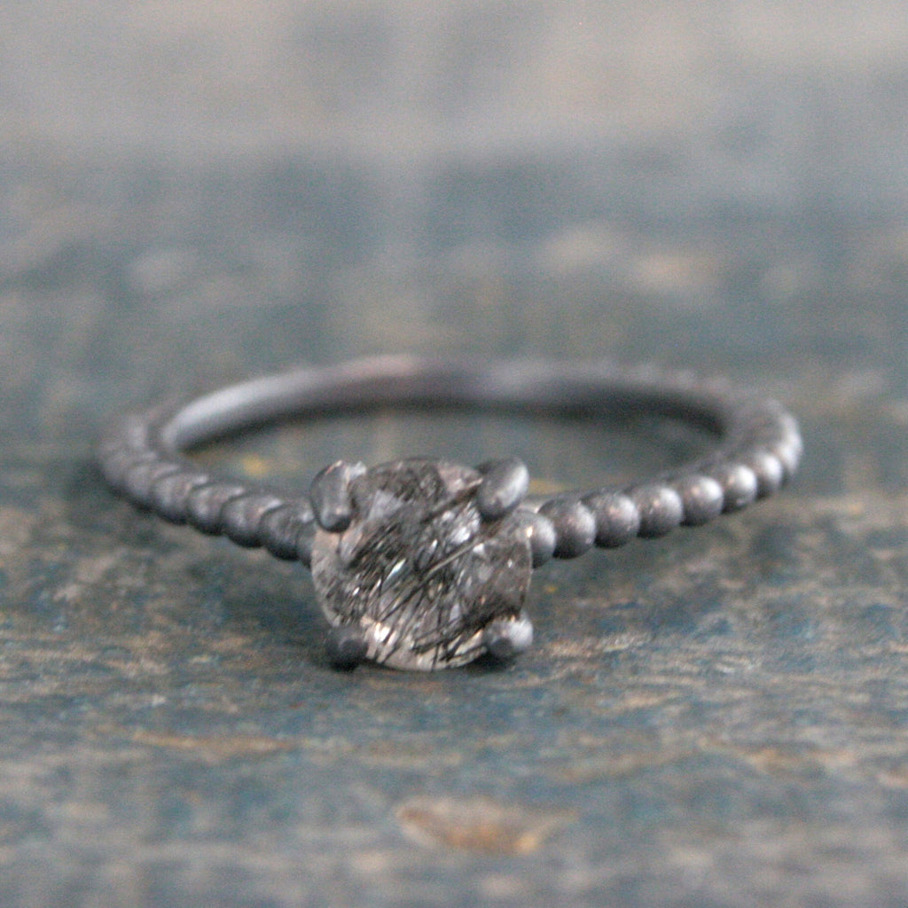 Black Rutilated Quartz Ring Beaded Cathedral Solitaire Black Oxidized Silver Ring Unique Engagement Ring Black Tourmalinated Quartz Ring